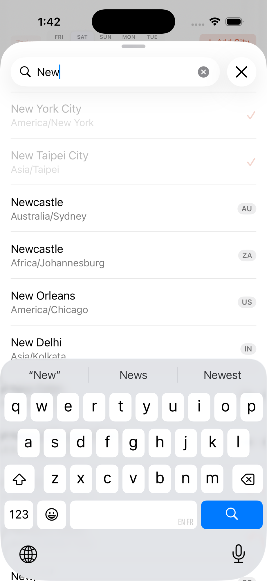 Rendez on iPhone — adding a new city