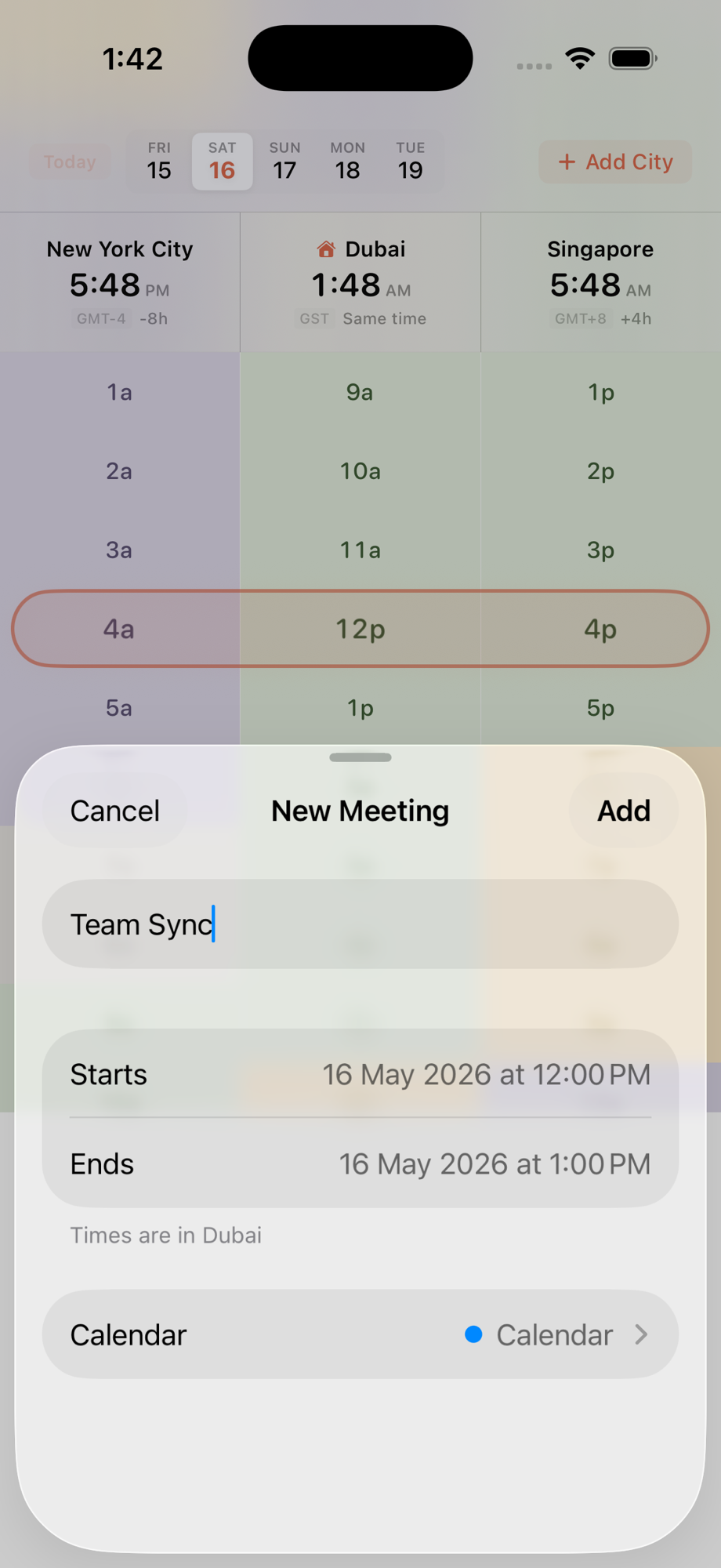 Rendez on iPhone — scheduling a meeting across timezones