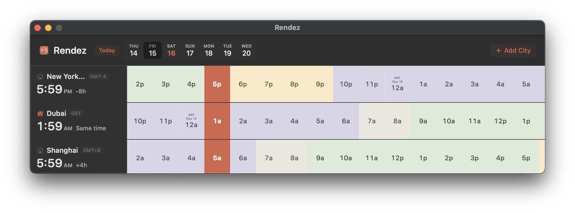 Rendez for Mac showing New York, Dubai, and Shanghai across a horizontal timeline
