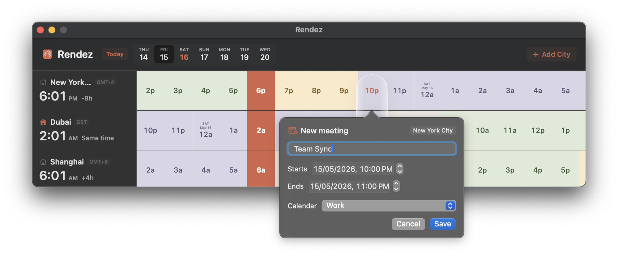 Rendez for Mac with a New Meeting modal open over the timeline