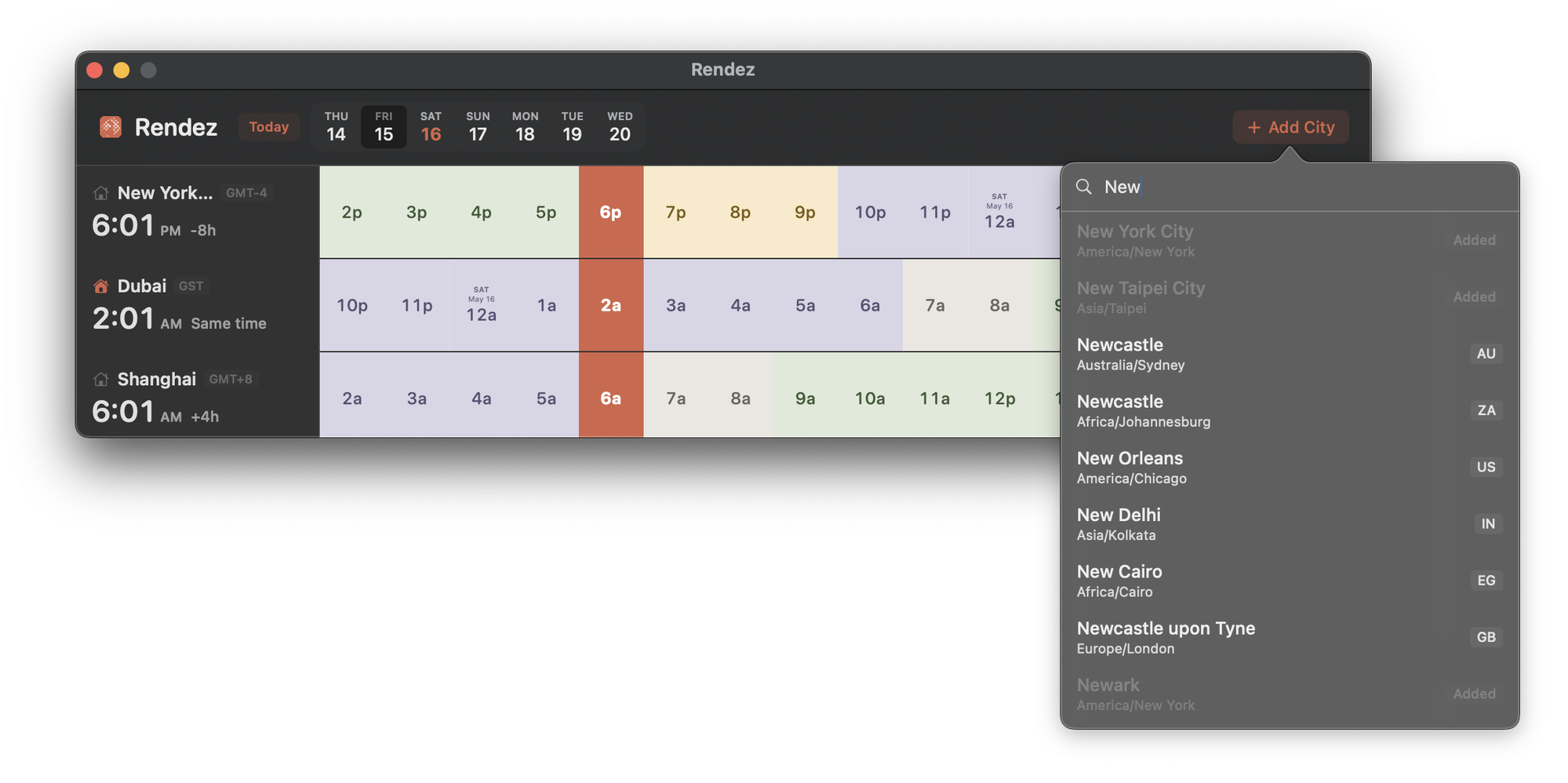 Rendez for Mac with the city search popover open