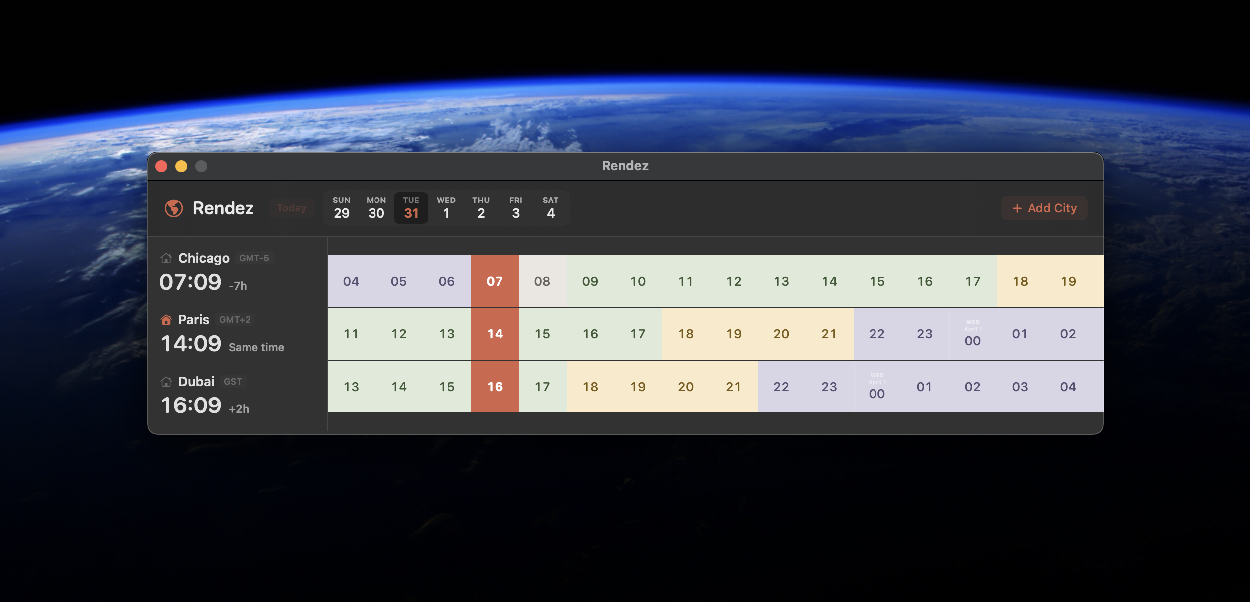 Rendez app showing timezones for Chicago, Paris, and Dubai across a horizontal timeline
